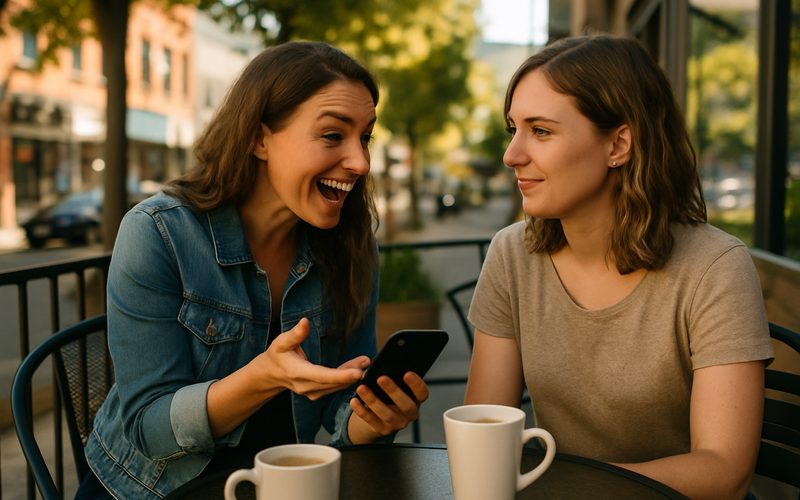 Two Vernon locals chatting over coffee as one recommends a local business to the other