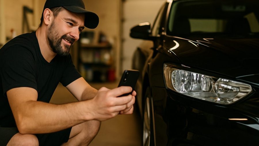 Vernon auto detailer photographing a freshly detailed car on a phone to use as a Facebook ad