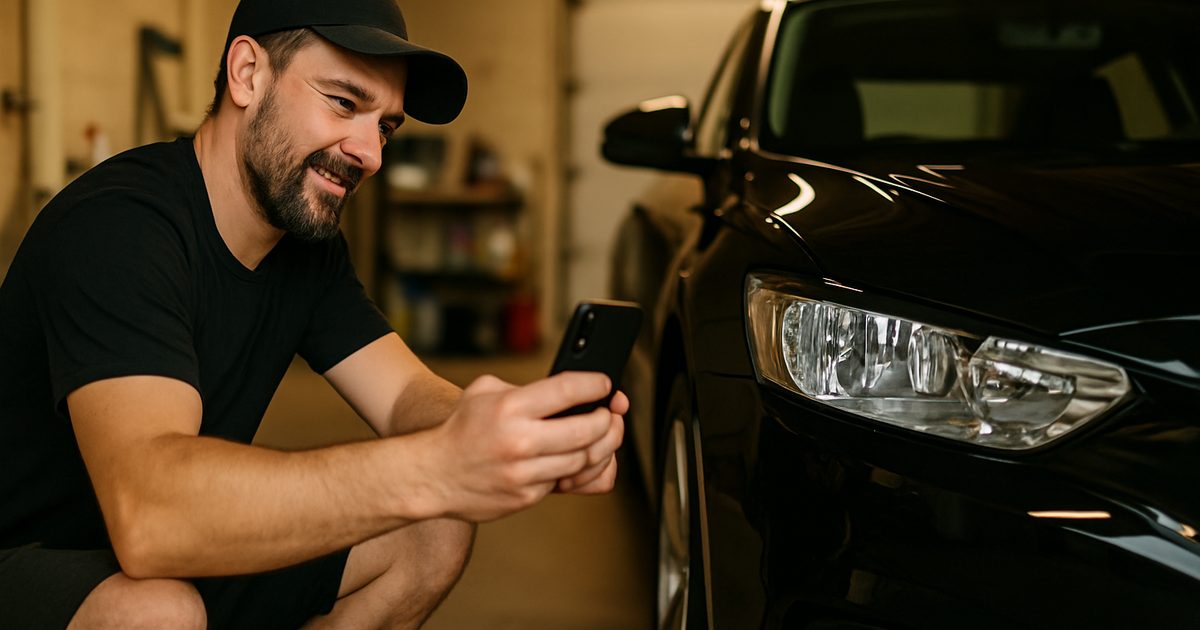 Vernon auto detailer photographing a freshly detailed car on a phone to use as a Facebook ad