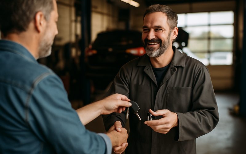 Vernon auto shop owner greeting a customer dropping off their car after a website inquiry