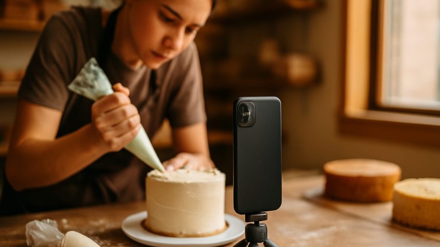 Vernon bakery owner filming a reel of cake decorating on a phone propped on a small tripod