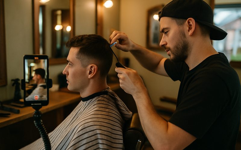Vernon barber filming a haircut before-and-after on a phone for a business reel