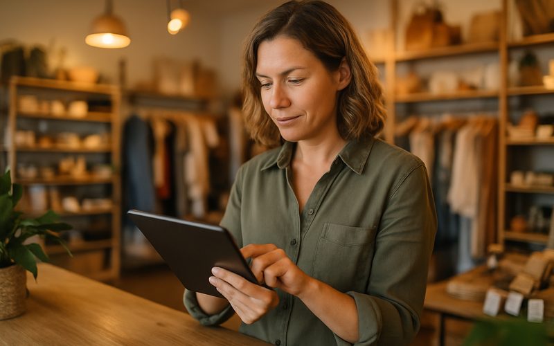 Vernon boutique owner quickly updating their website on a tablet at the shop counter