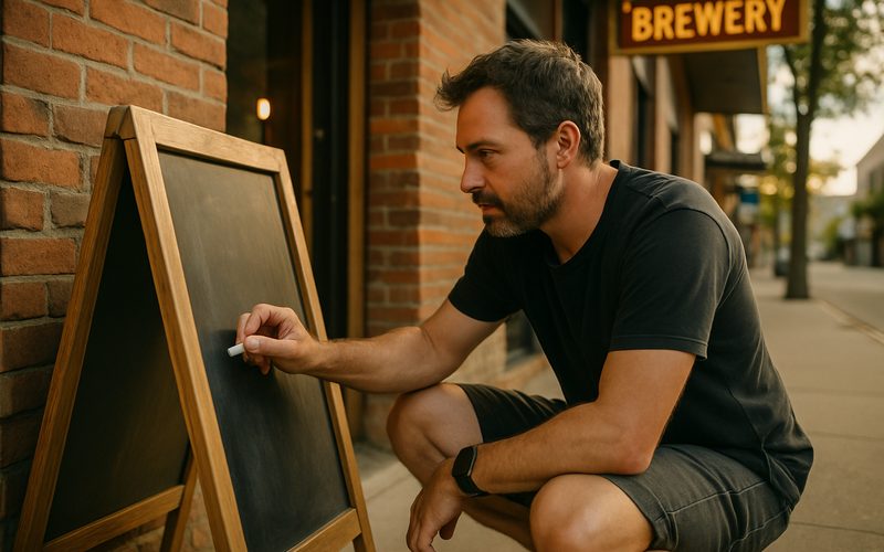 Vernon BC brewery owner chalking a sidewalk sign outside the taproom