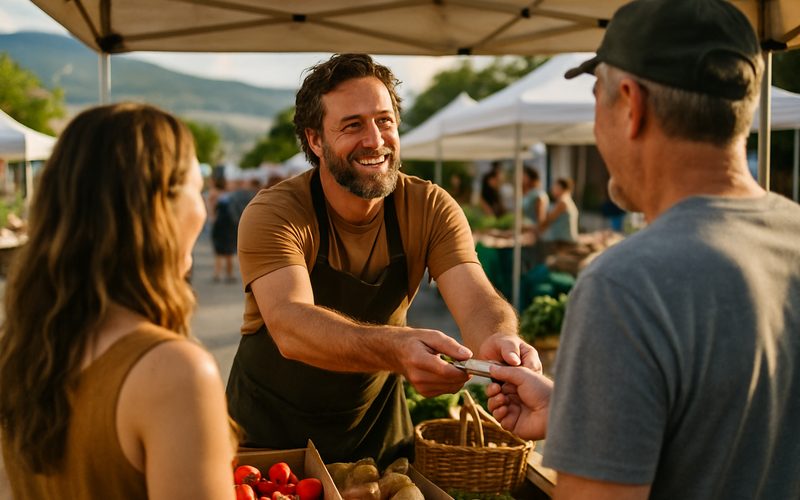 Vernon business owner chatting with locals at a community market booth in the Okanagan