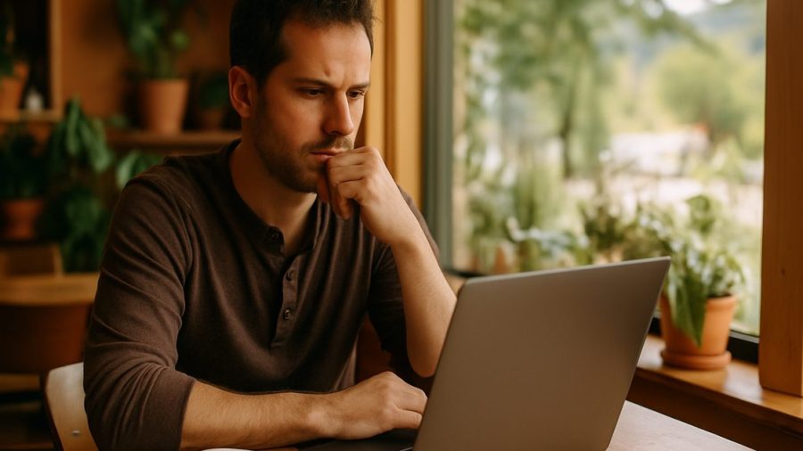 Vernon BC small business owner comparing website platform options on a laptop at their shop