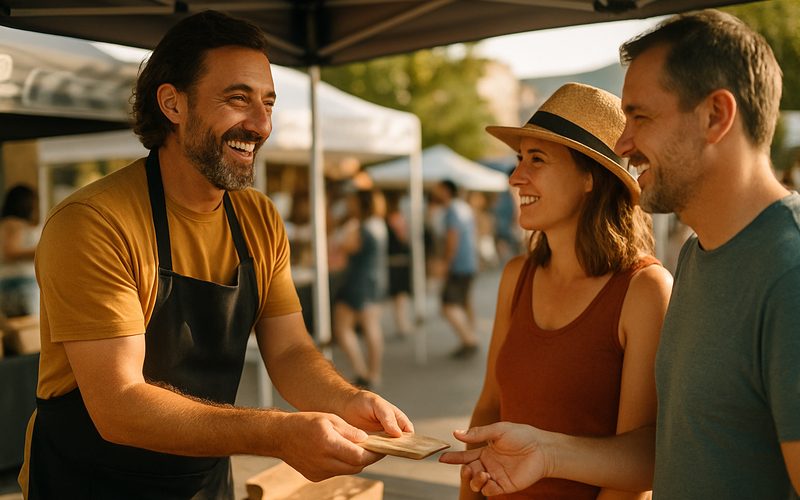 Vernon business owner chatting with locals at a community event booth