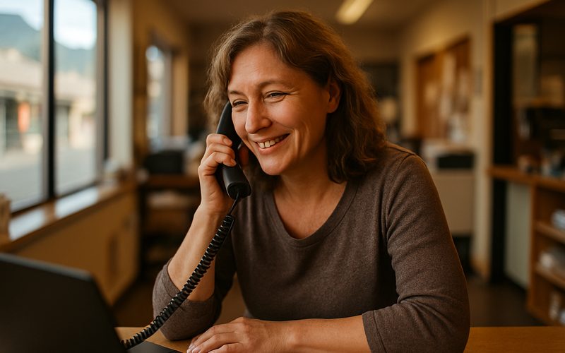 Vernon business owner on the phone giving warm personal help after a chatbot handoff