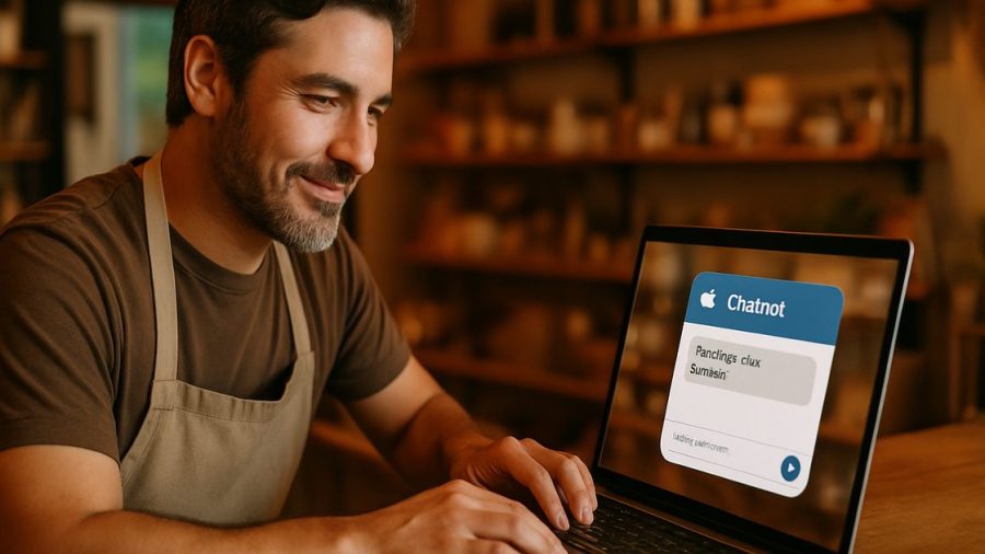 Vernon business owner setting up a website chatbot on a laptop at the counter