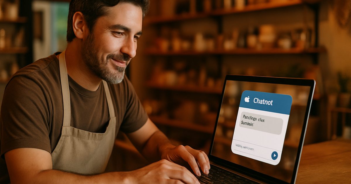 Vernon business owner setting up a website chatbot on a laptop at the counter