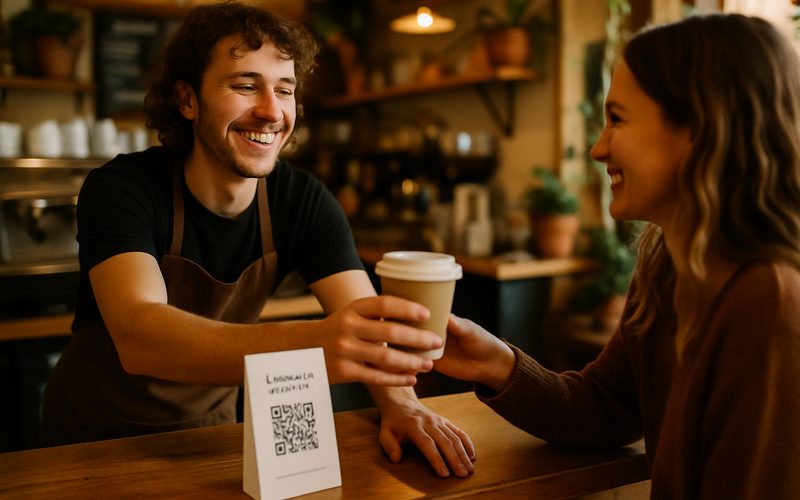 Vernon café barista handing a customer a coffee beside a small leave-us-a-review card on the counter