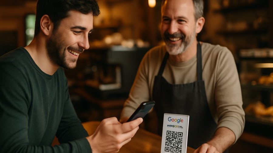 Vernon café customer scanning a QR code at the counter to leave a Google review