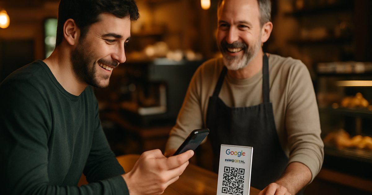 Vernon café customer scanning a QR code at the counter to leave a Google review