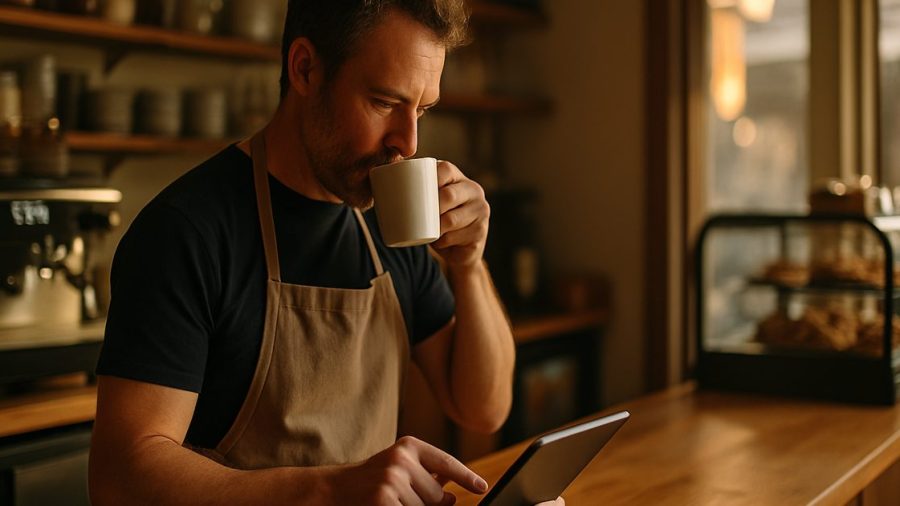 Vernon café owner handling admin quickly on a tablet at a quiet morning counter