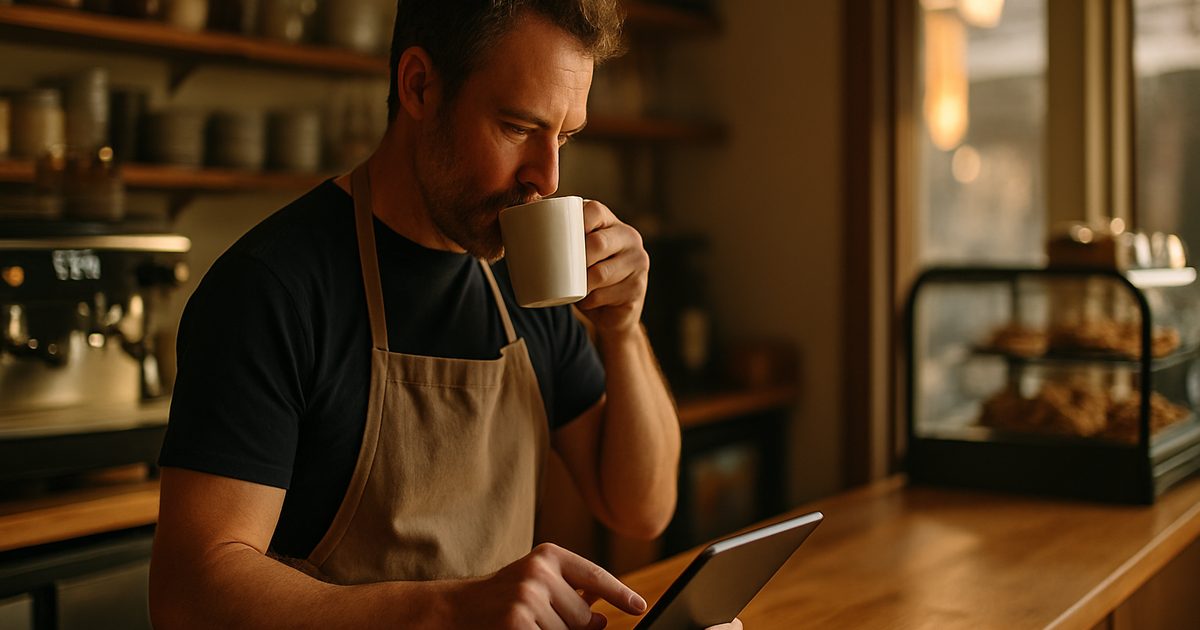 Vernon café owner handling admin quickly on a tablet at a quiet morning counter