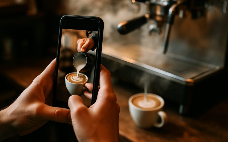 Vernon café owner recording a quick phone video of a latte to post on social media
