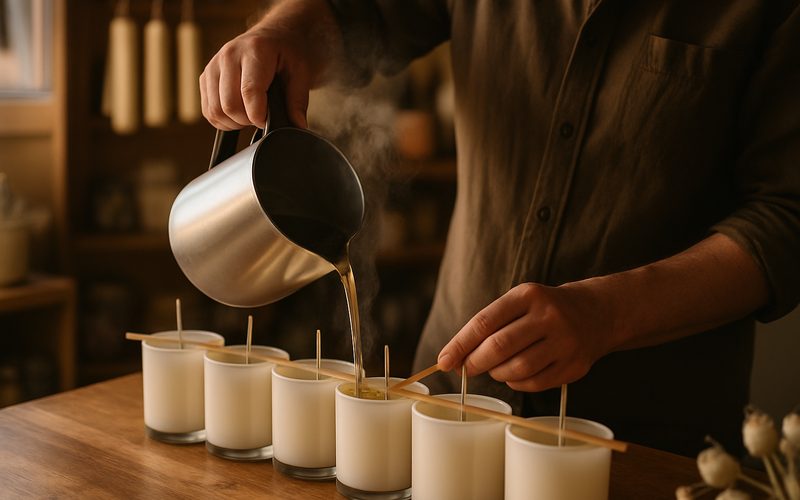 Vernon candle maker pouring wax, a behind-the-scenes video content idea for small business