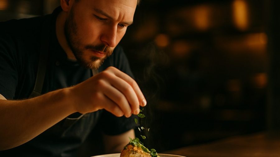 Vernon restaurant chef plating a dish under dramatic light, the kind of scroll-stopping reel moment