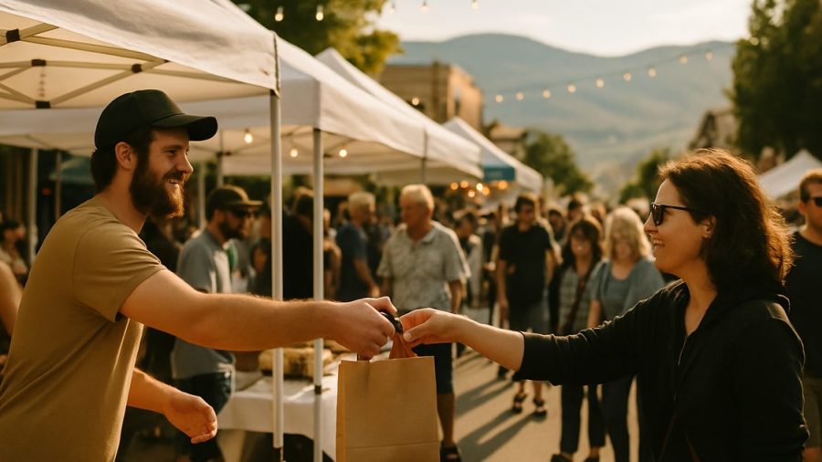 Busy Vernon BC community market with shoppers, the local audience social media reaches