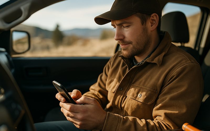 Vernon contractor replying to a customer email on his phone from the truck between jobs