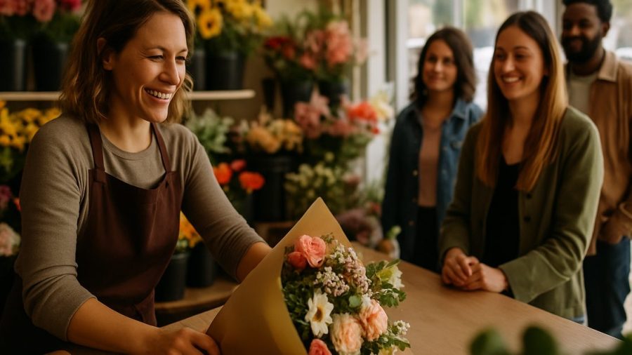 Vernon florist serving a lineup of customers at a busy shop counter