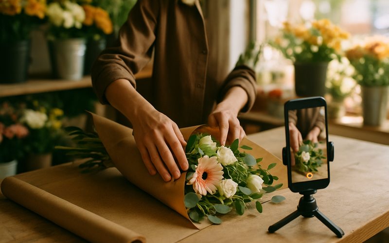 Vernon BC florist wrapping a bouquet while a phone films a short video