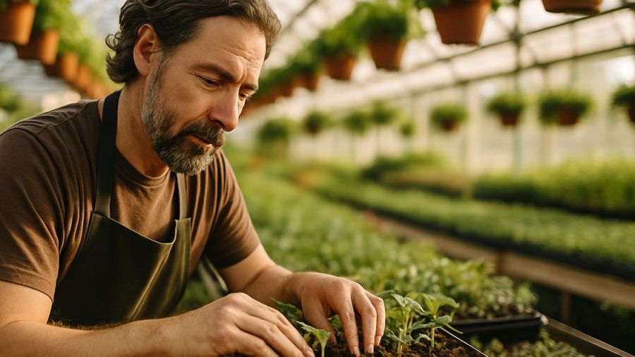 Vernon BC garden centre owner tending young seedlings in a greenhouse