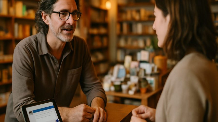 Vernon gift shop owner helping a customer in person while a chatbot answers online questions at the counter