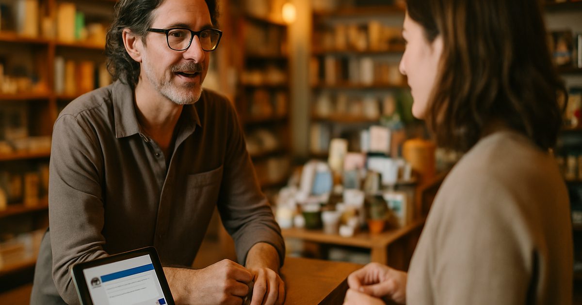 Vernon gift shop owner helping a customer in person while a chatbot answers online questions at the counter