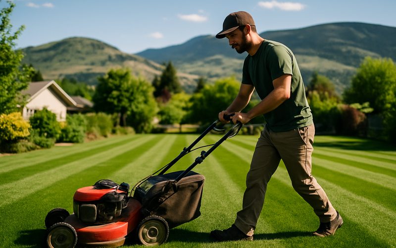 Vernon landscaper mowing crisp stripes into a lawn, a satisfying short reel moment