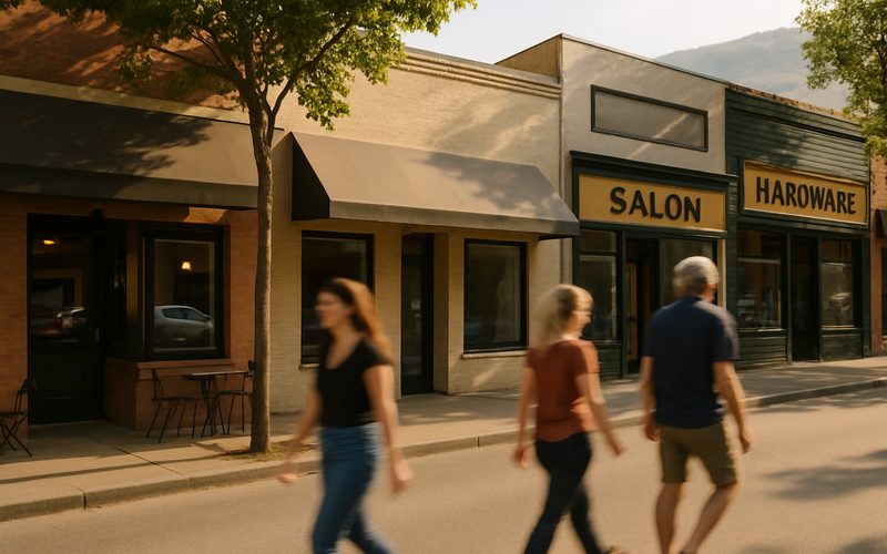 A row of mixed Vernon BC main street storefronts — café, salon and trades signage