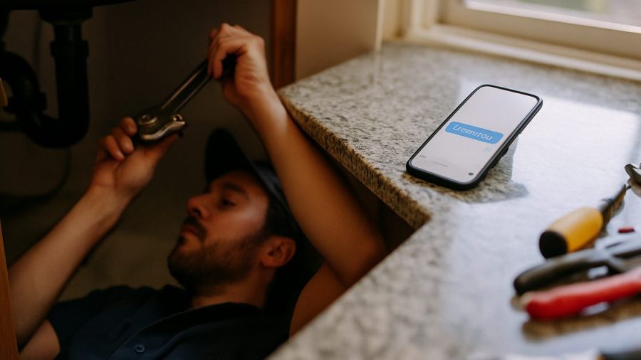Vernon plumber working under a sink while a phone on the counter auto-texts a missed caller