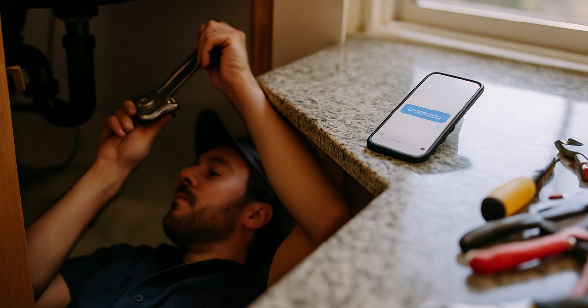 Vernon plumber working under a sink while a phone on the counter auto-texts a missed caller