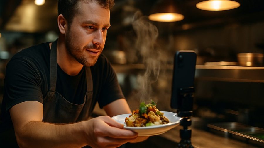 Vernon BC restaurant chef filming a plated dish on a phone tripod at the kitchen pass