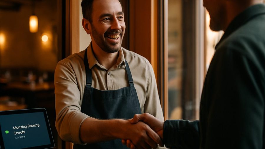 Vernon restaurant owner warmly greeting a customer while AI handles bookings at the host stand