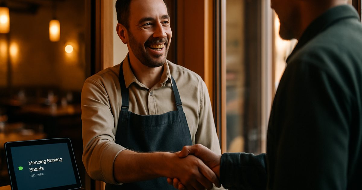 Vernon restaurant owner warmly greeting a customer while AI handles bookings at the host stand