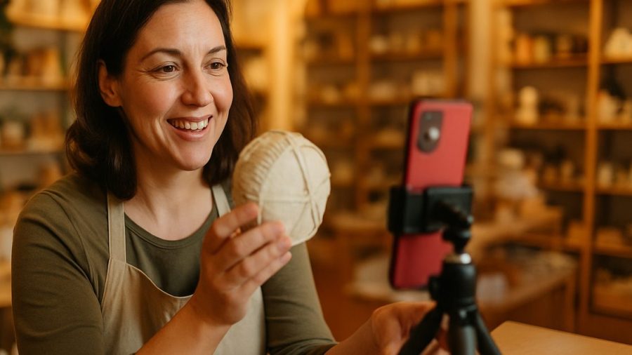 Vernon retail shop owner holding a product up to a phone camera filming a social media post