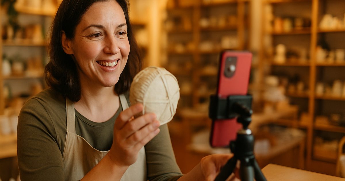 Vernon retail shop owner holding a product up to a phone camera filming a social media post