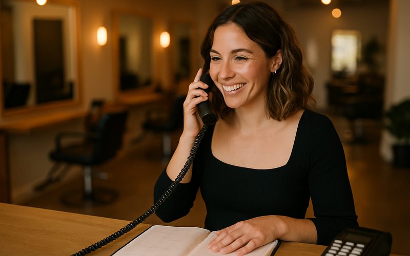 Vernon salon owner answering the phone at the front desk after a website enquiry