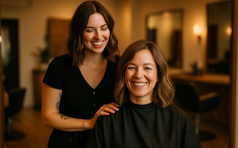 Vernon salon stylist finishing with a happy client at the mirror, the moment to ask for a review