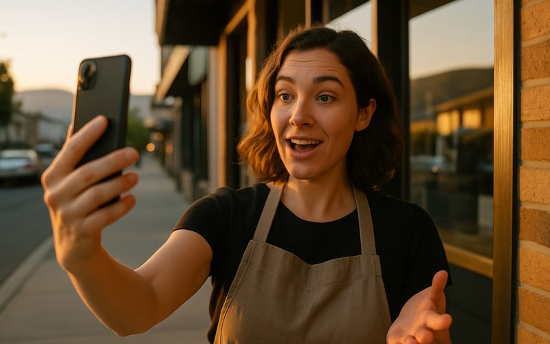 Vernon shop owner filming a quick reel outside their storefront in golden-hour light