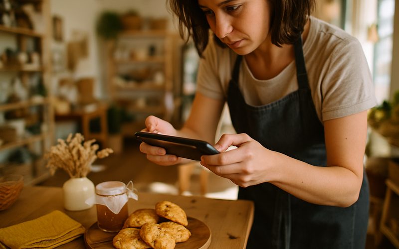 Vernon shop owner photographing a product on their phone to post on social media