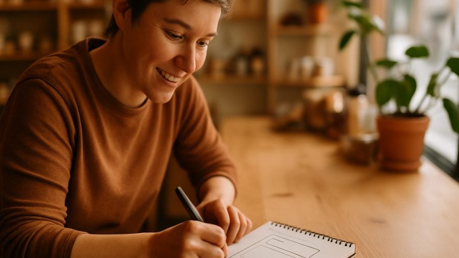 Vernon shop owner sketching a homepage layout on a notepad at the counter