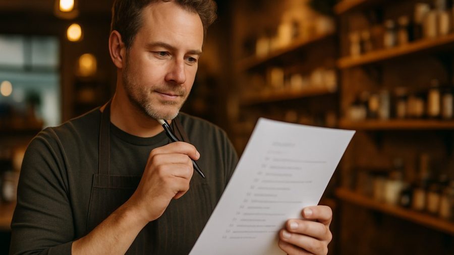 Vernon shop owner carefully reviewing an AI safety checklist at the counter