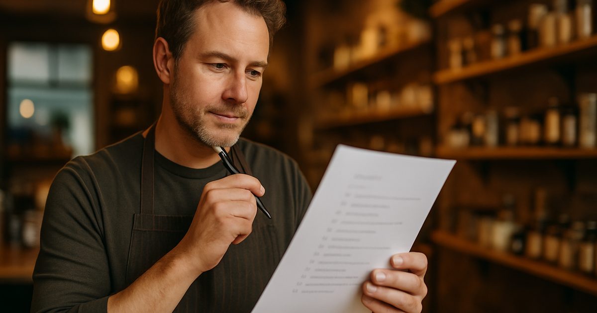 Vernon shop owner carefully reviewing an AI safety checklist at the counter