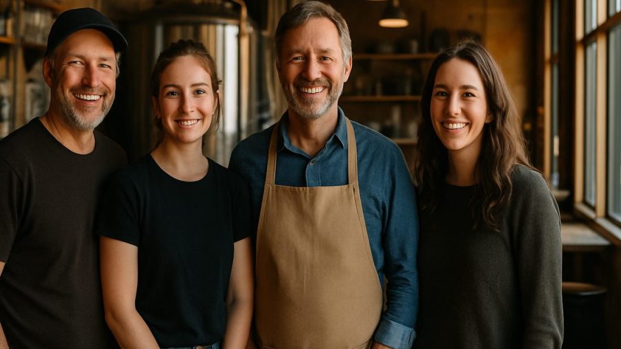 Vernon small business team standing together in their shop for an About page photo