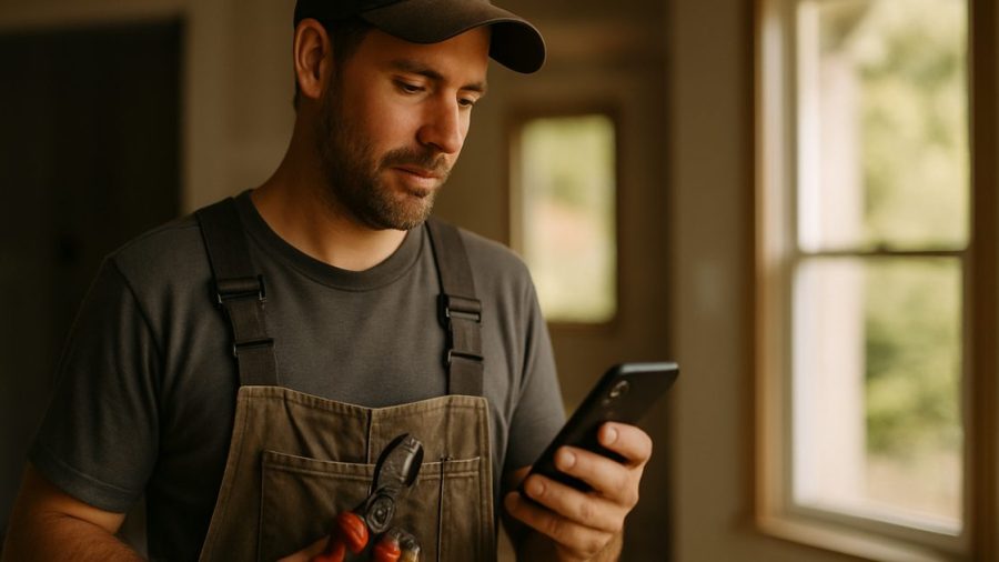 Vernon tradesperson checking a phone on a job site as AI automation handles a missed call