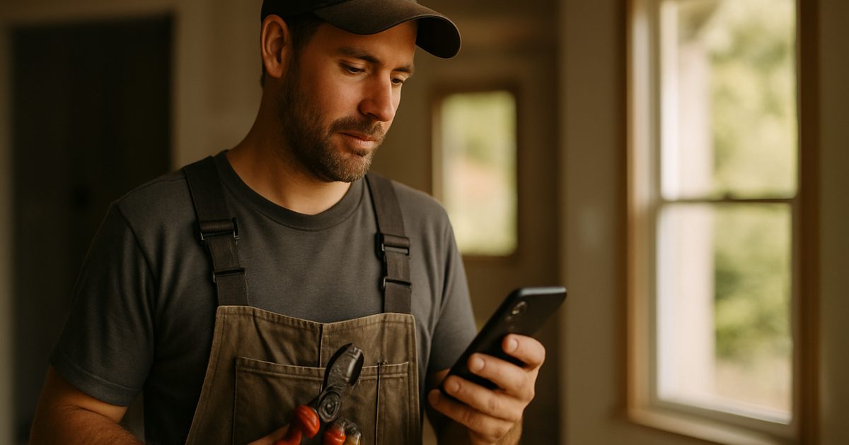 Vernon tradesperson checking a phone on a job site as AI automation handles a missed call