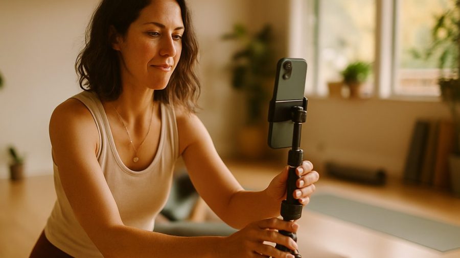 Vernon wellness studio owner filming an Instagram Reel on a phone to grow followers