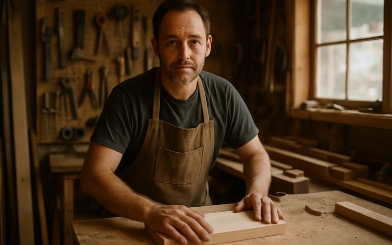 Vernon woodworker at the workbench in their workshop, the kind of real photo an About page needs